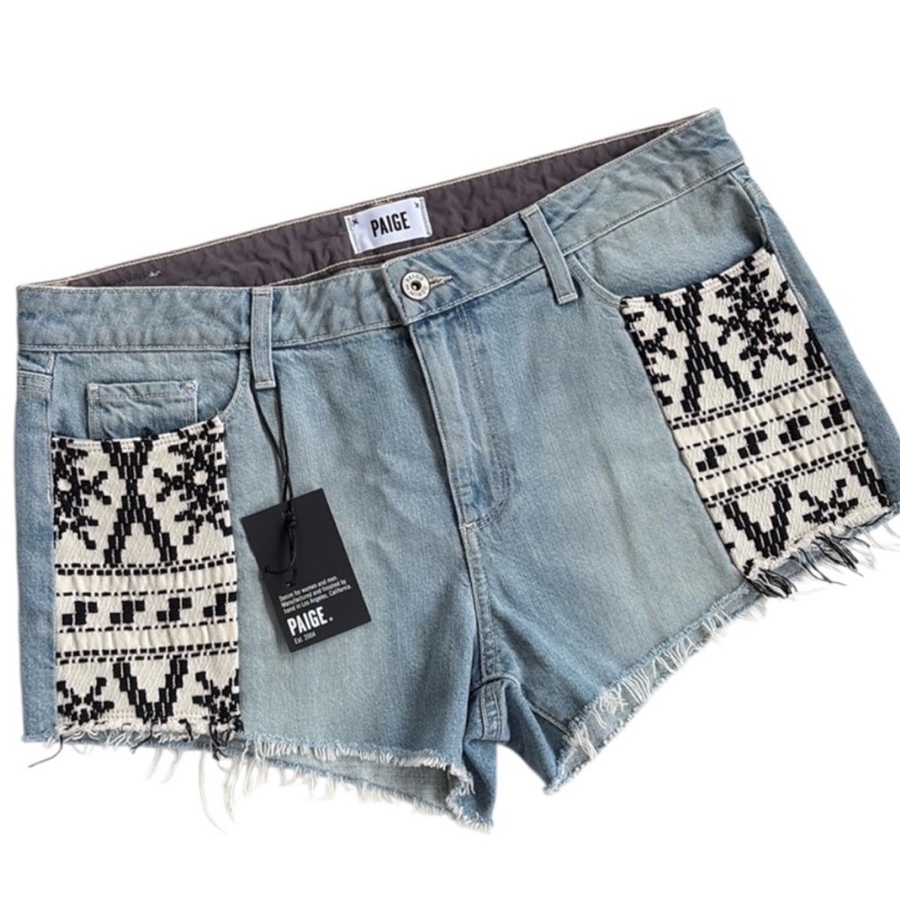 PAIGE Light Blue Denim Shorts with Black & White Embroidered Pockets